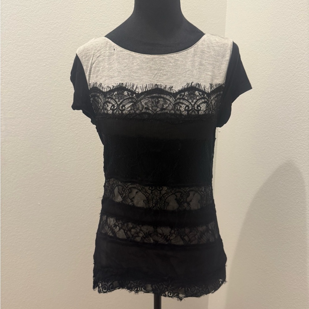 White House Black Market Black Lace Overlay Short Sleeve Top XS